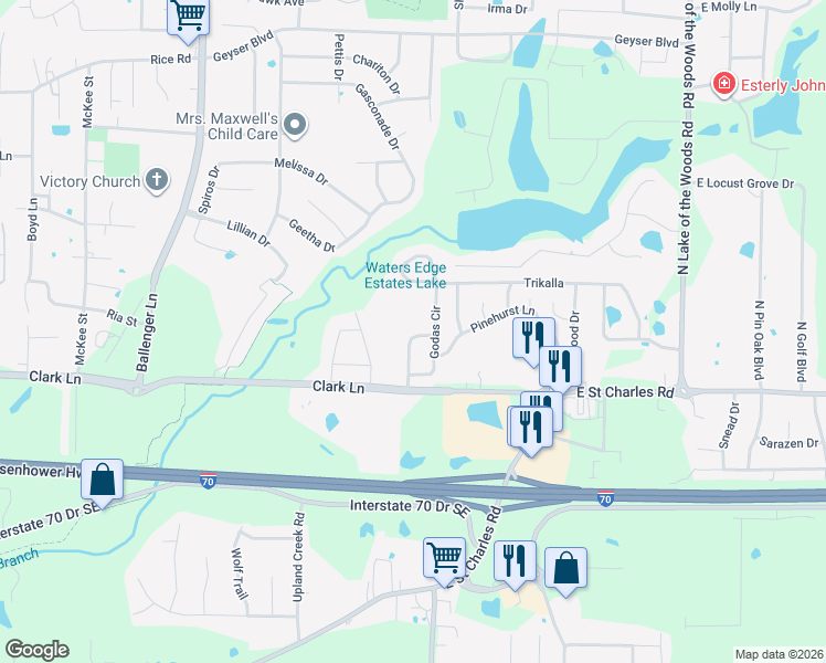 map of restaurants, bars, coffee shops, grocery stores, and more near 1331 Valley Creek Lane in Columbia
