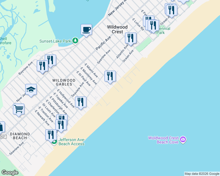 map of restaurants, bars, coffee shops, grocery stores, and more near 420 East Louisville Avenue in Wildwood