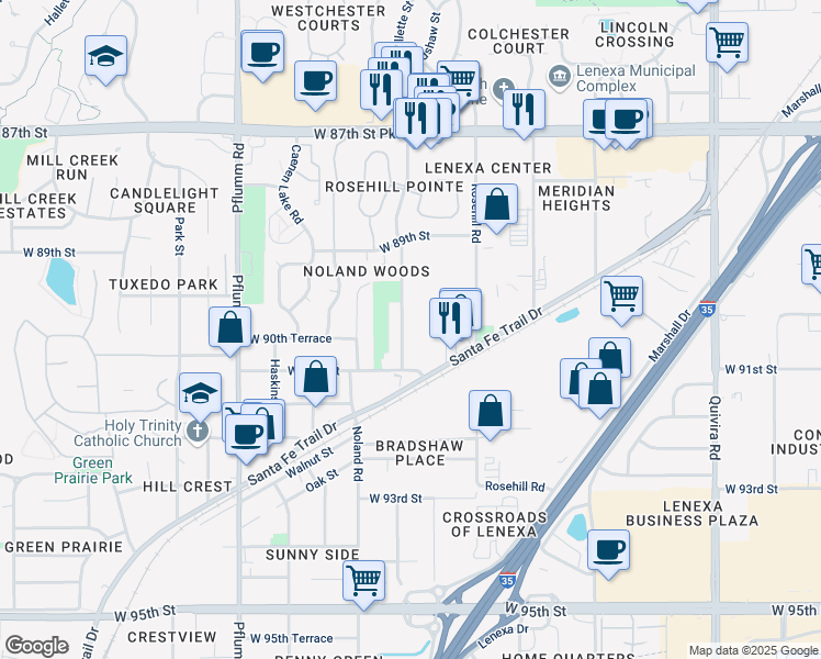map of restaurants, bars, coffee shops, grocery stores, and more near 9007 Gillette Street in Lenexa