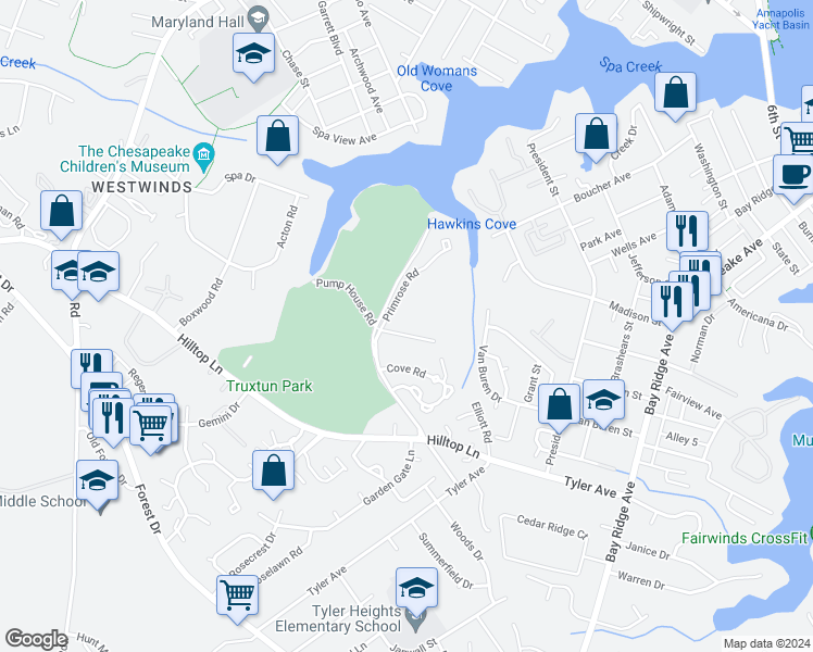 map of restaurants, bars, coffee shops, grocery stores, and more near 1103 Primrose Court in Annapolis