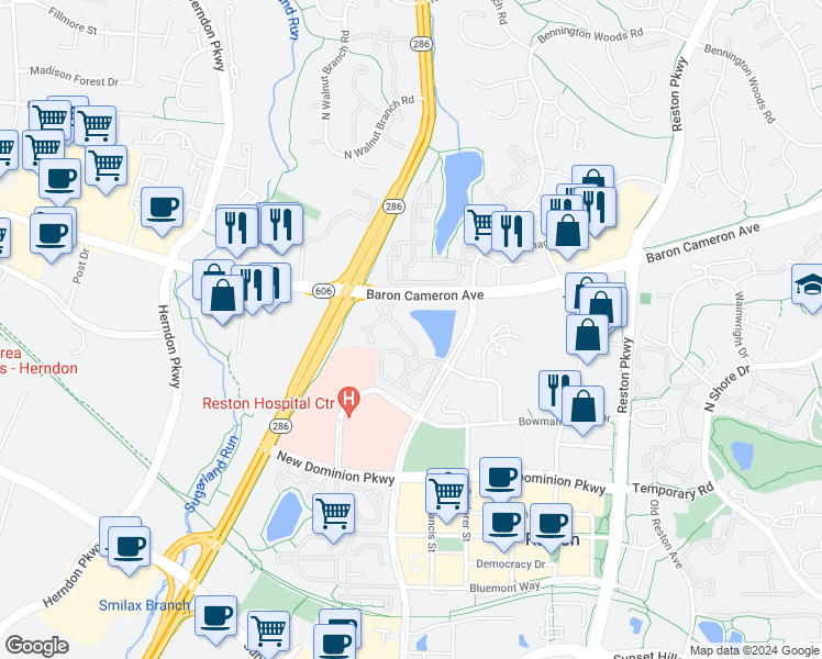 map of restaurants, bars, coffee shops, grocery stores, and more near 1716 Lake Shore Crest Drive in Reston