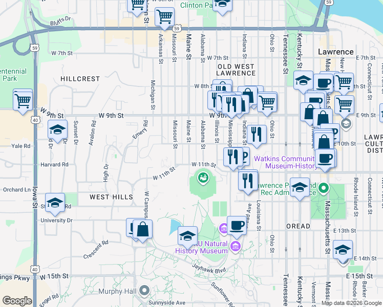 map of restaurants, bars, coffee shops, grocery stores, and more near 1019 West 10th Street in Lawrence