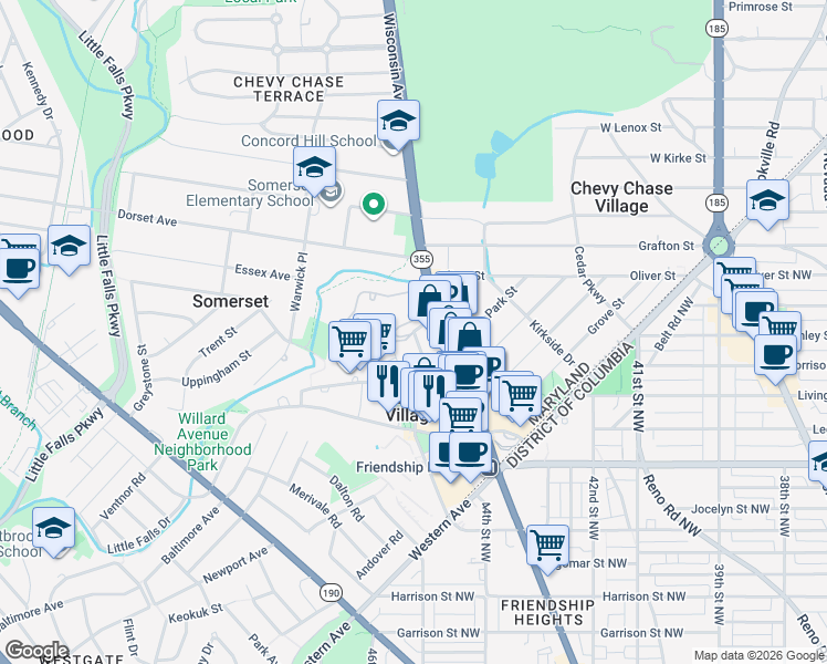 map of restaurants, bars, coffee shops, grocery stores, and more near Somerset Terrace in Chevy Chase