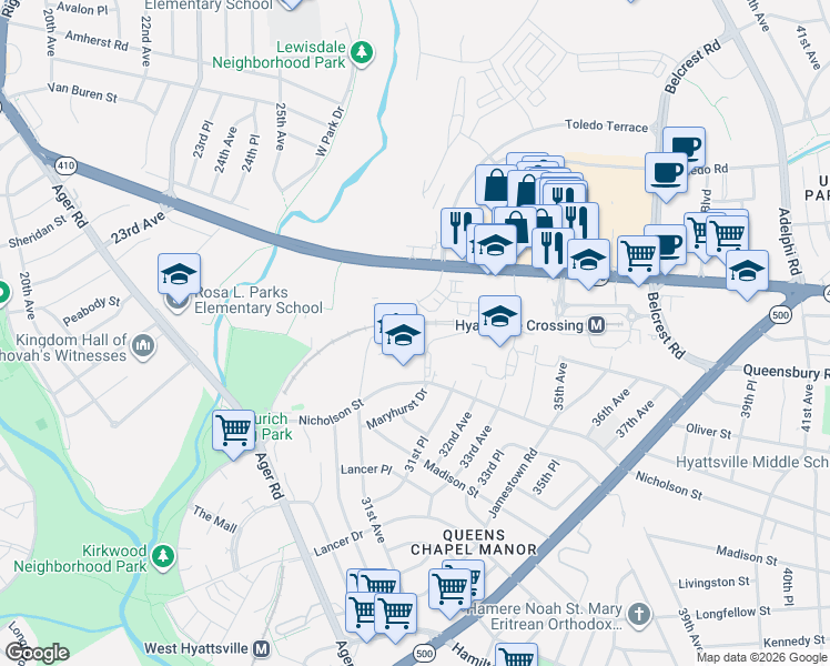 map of restaurants, bars, coffee shops, grocery stores, and more near 3110 Oliver Place in Hyattsville