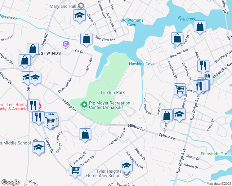 map of restaurants, bars, coffee shops, grocery stores, and more near 1101 Primrose Court in Annapolis