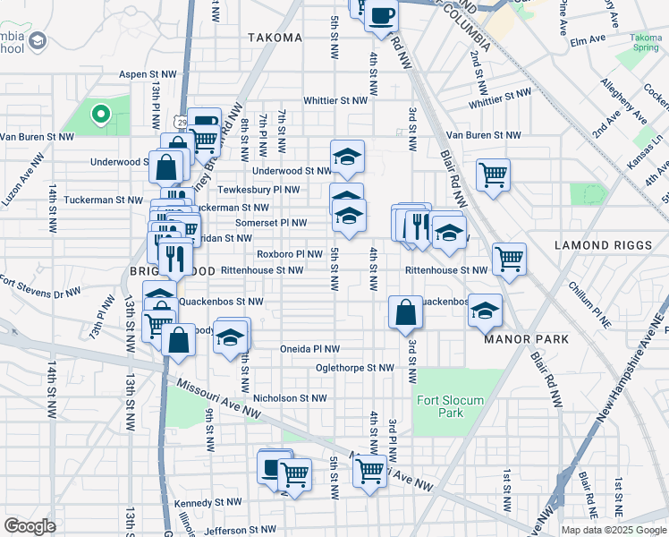 map of restaurants, bars, coffee shops, grocery stores, and more near 6201 5th Street Northwest in Washington