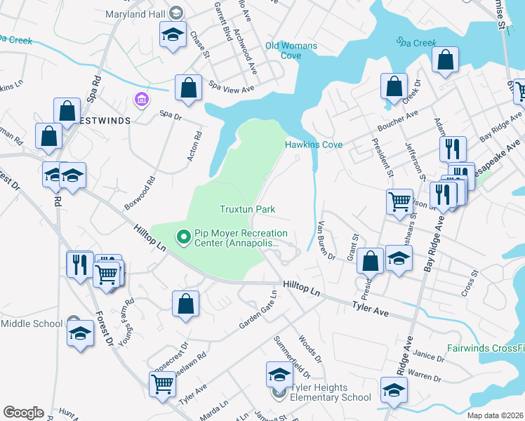 map of restaurants, bars, coffee shops, grocery stores, and more near 1101 Primrose Court in Annapolis