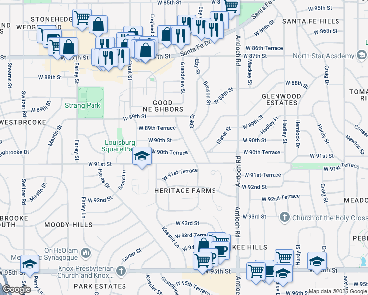 map of restaurants, bars, coffee shops, grocery stores, and more near 9010 Grandview Drive in Overland Park