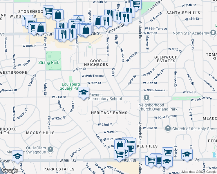map of restaurants, bars, coffee shops, grocery stores, and more near 9010 Grandview Drive in Overland Park