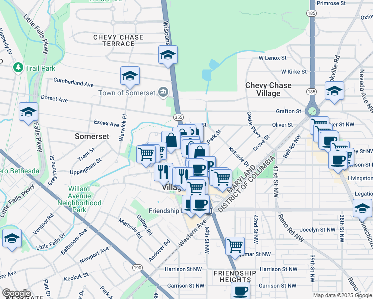 map of restaurants, bars, coffee shops, grocery stores, and more near 5530 Wisconsin Avenue in Chevy Chase