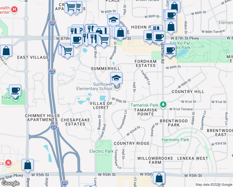 map of restaurants, bars, coffee shops, grocery stores, and more near 8955 Loiret Boulevard in Lenexa