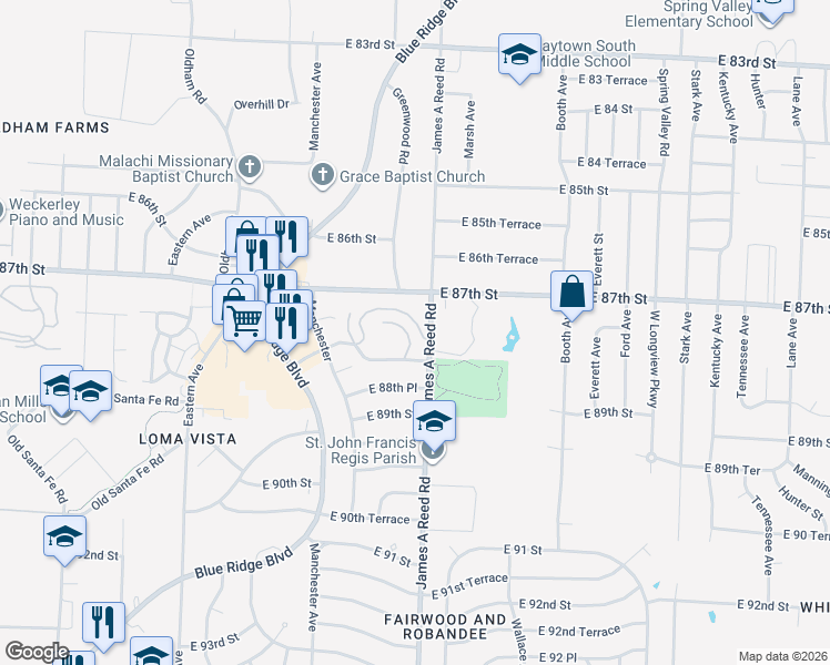 map of restaurants, bars, coffee shops, grocery stores, and more near 8035 Sycamore Avenue in Kansas City