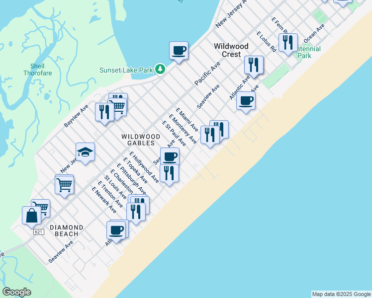 map of restaurants, bars, coffee shops, grocery stores, and more near 302 East Saint Paul Avenue in Wildwood