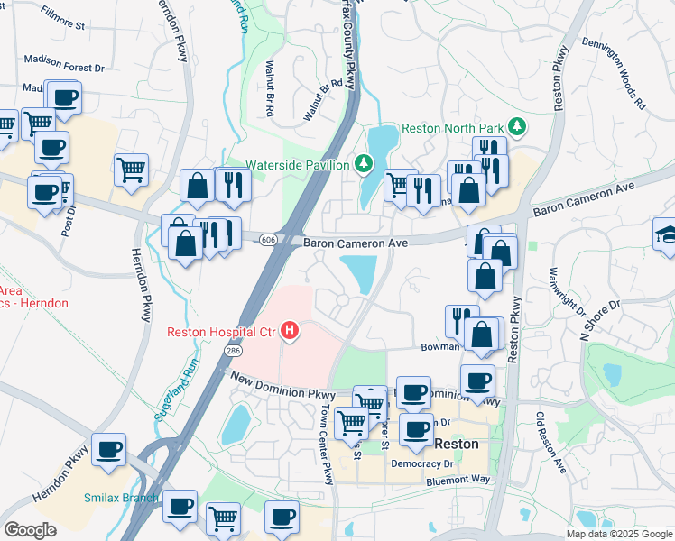 map of restaurants, bars, coffee shops, grocery stores, and more near 1716 Lake Shore Crest Drive in Reston