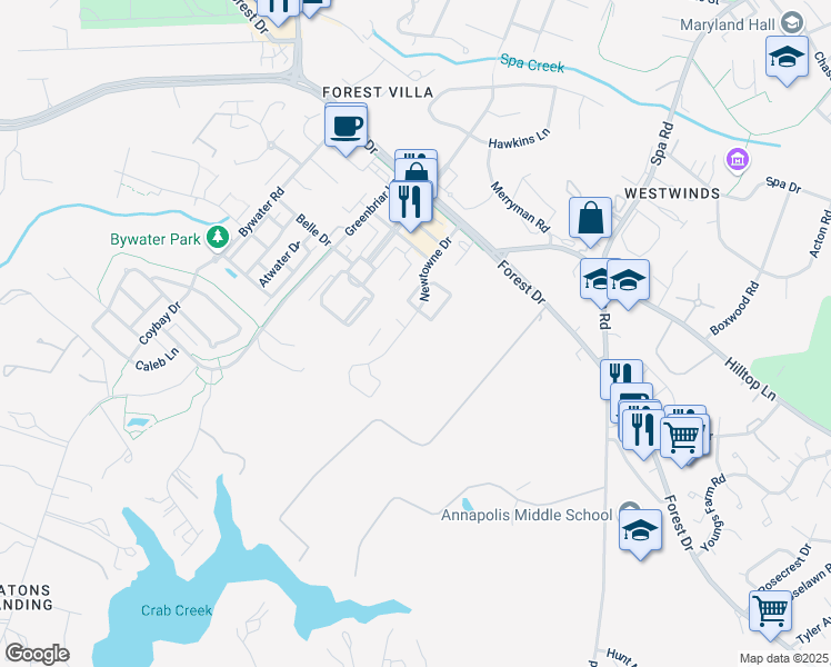 map of restaurants, bars, coffee shops, grocery stores, and more near 701 Newtowne Drive in Annapolis