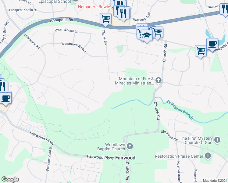 map of restaurants, bars, coffee shops, grocery stores, and more near 5500 Megans Chance Court in Bowie