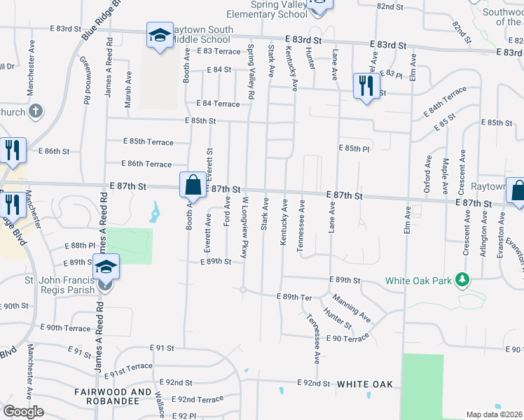 map of restaurants, bars, coffee shops, grocery stores, and more near 8706 Stark Avenue in Raytown