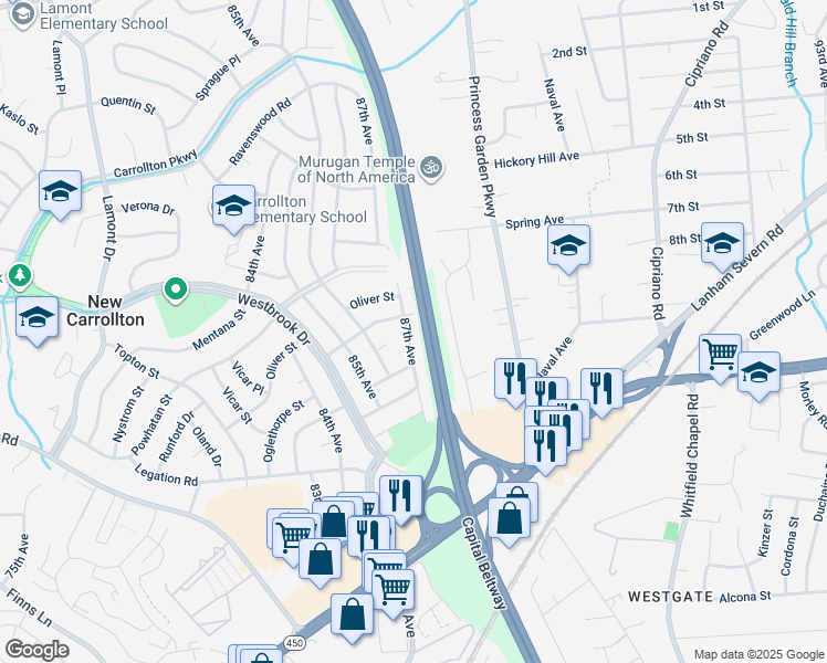 map of restaurants, bars, coffee shops, grocery stores, and more near 5911 87th Avenue in New Carrollton
