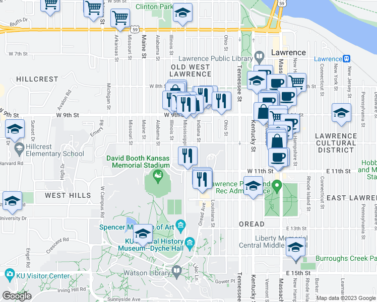 map of restaurants, bars, coffee shops, grocery stores, and more near 1000 Mississippi Street in Lawrence