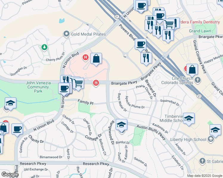 map of restaurants, bars, coffee shops, grocery stores, and more near 4023 Morning Glory Road in Colorado Springs