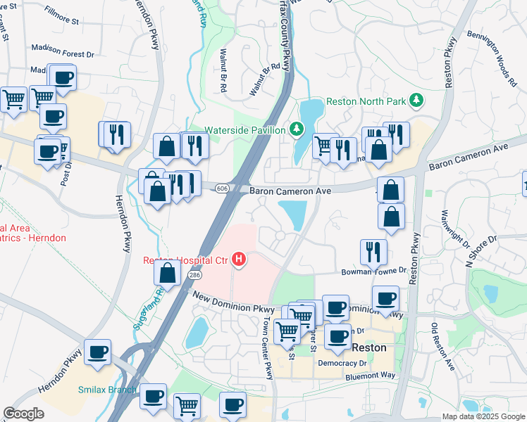 map of restaurants, bars, coffee shops, grocery stores, and more near 1705 Lake Shore Crest Drive in Reston