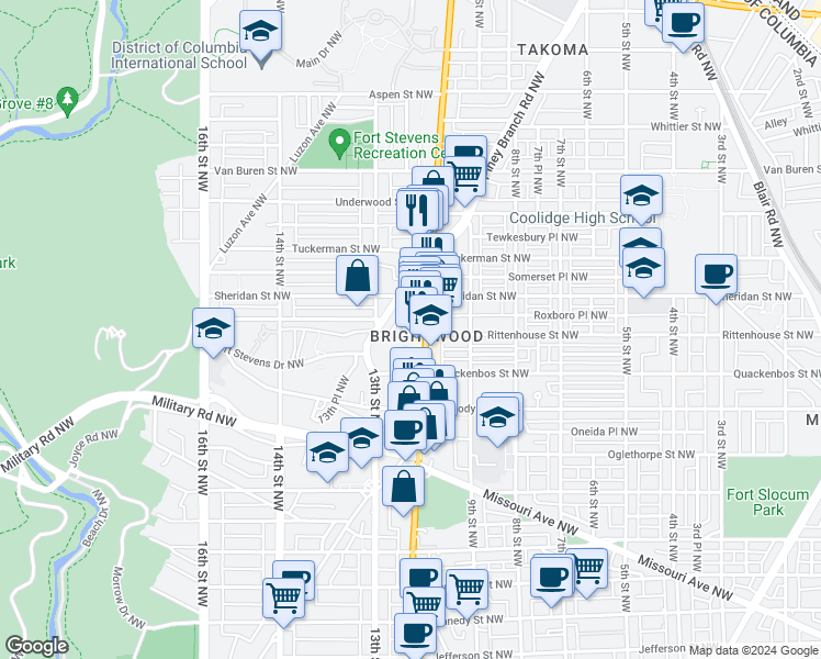 map of restaurants, bars, coffee shops, grocery stores, and more near 6203 12th Street Northwest in Washington