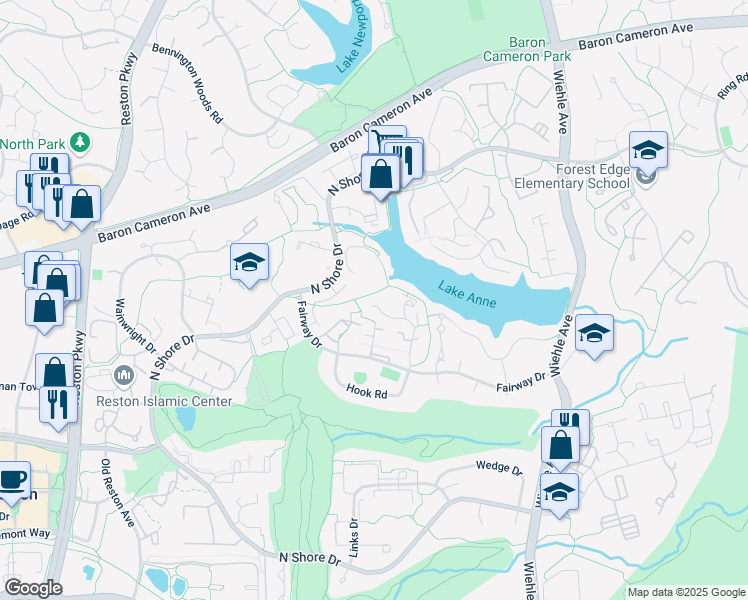 map of restaurants, bars, coffee shops, grocery stores, and more near 11470 Orchard Lane in Reston