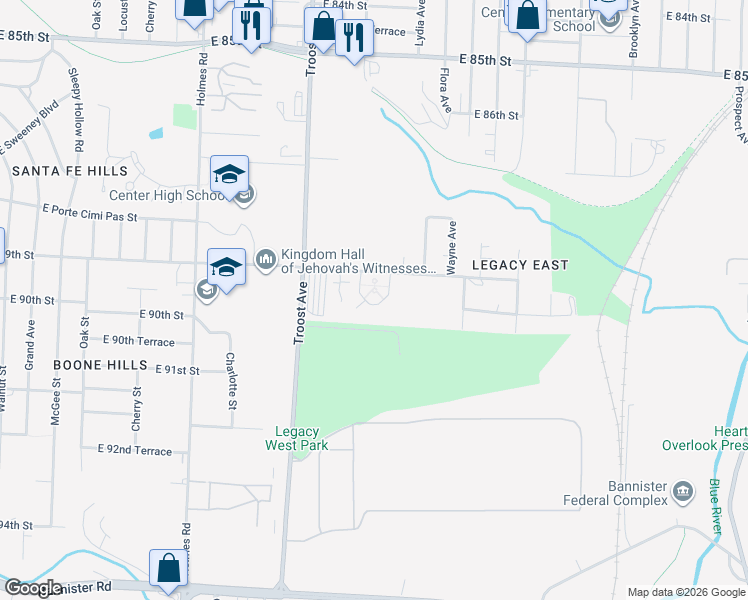 map of restaurants, bars, coffee shops, grocery stores, and more near 1315 East 89th Street in Kansas City