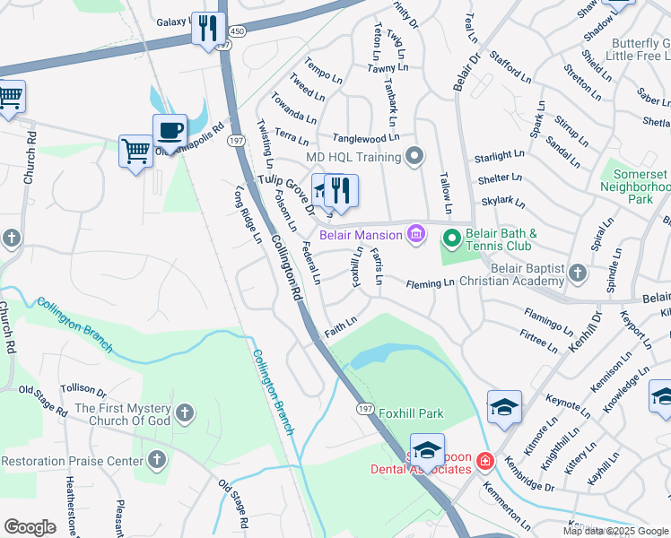 map of restaurants, bars, coffee shops, grocery stores, and more near 12104 Fern Lane in Bowie