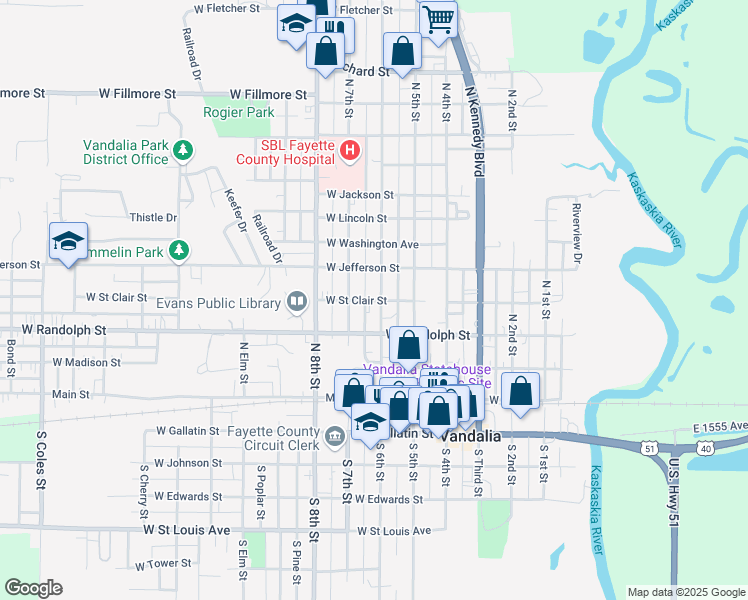 map of restaurants, bars, coffee shops, grocery stores, and more near 621 West Street Clair Street in Vandalia