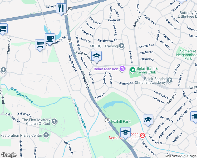 map of restaurants, bars, coffee shops, grocery stores, and more near 12104 Fern Lane in Bowie