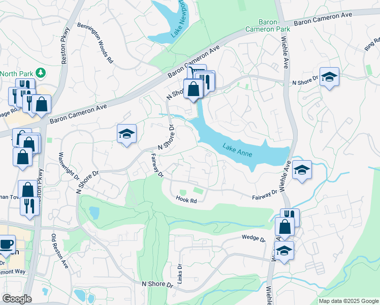 map of restaurants, bars, coffee shops, grocery stores, and more near 11470 Orchard Lane in Reston