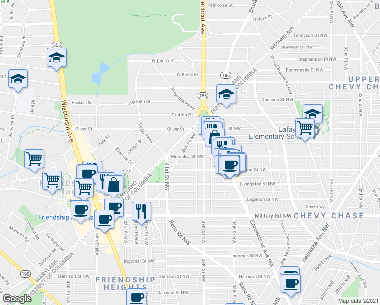 map of restaurants, bars, coffee shops, grocery stores, and more near 3915 McKinley Street Northwest in Washington