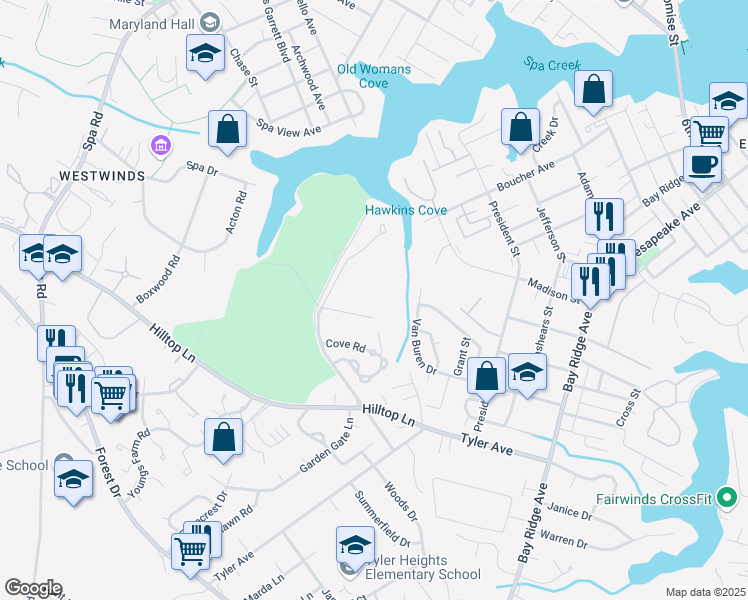 map of restaurants, bars, coffee shops, grocery stores, and more near 1010 Primrose Road in Annapolis