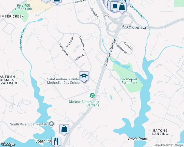 map of restaurants, bars, coffee shops, grocery stores, and more near 113 Cardamon Drive in Edgewater