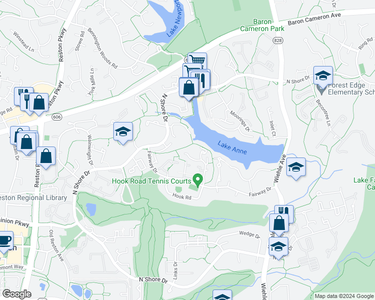 map of restaurants, bars, coffee shops, grocery stores, and more near 11466 Orchard Lane in Reston