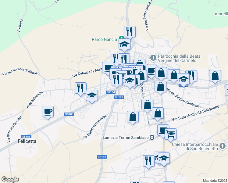 map of restaurants, bars, coffee shops, grocery stores, and more near 18 Via Luigi Rizzo in Lamezia Terme