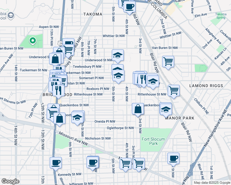 map of restaurants, bars, coffee shops, grocery stores, and more near 431 Rittenhouse Street Northwest in Washington