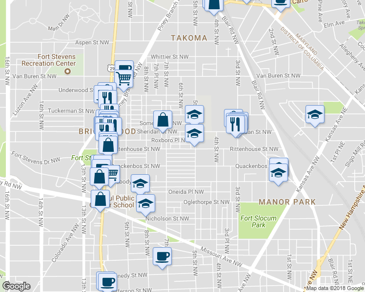 map of restaurants, bars, coffee shops, grocery stores, and more near 525 Rittenhouse Street Northwest in Washington