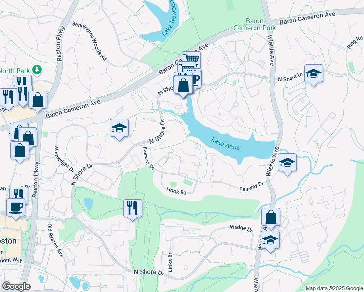 map of restaurants, bars, coffee shops, grocery stores, and more near 11466 Orchard Lane in Reston