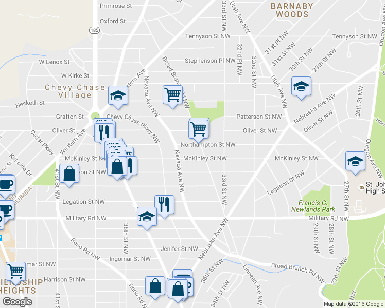 map of restaurants, bars, coffee shops, grocery stores, and more near 3419 McKinley Street Northwest in Washington