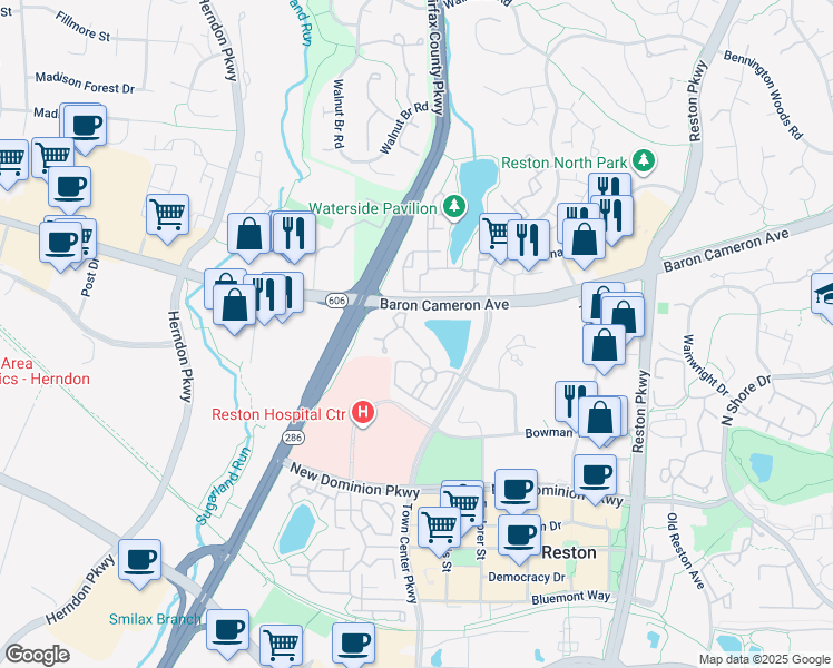 map of restaurants, bars, coffee shops, grocery stores, and more near 1712 Lake Shore Crest Drive in Reston