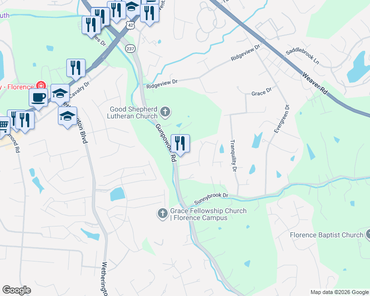 map of restaurants, bars, coffee shops, grocery stores, and more near 9146 Gunpowder Road in Florence