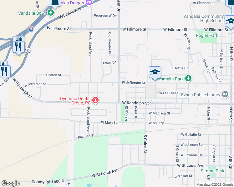 map of restaurants, bars, coffee shops, grocery stores, and more near 409 Sunset Drive in Vandalia