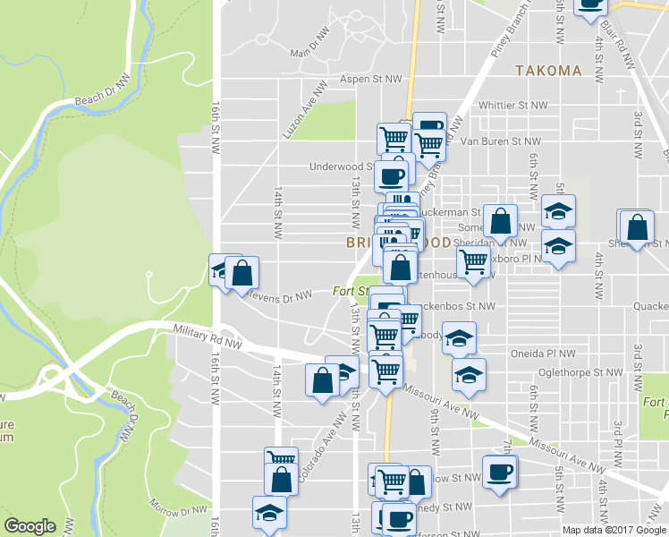 map of restaurants, bars, coffee shops, grocery stores, and more near 1324 Rittenhouse Street Northwest in Washington
