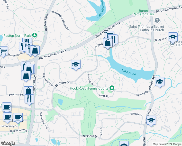 map of restaurants, bars, coffee shops, grocery stores, and more near 11532 Sunder Court in Reston