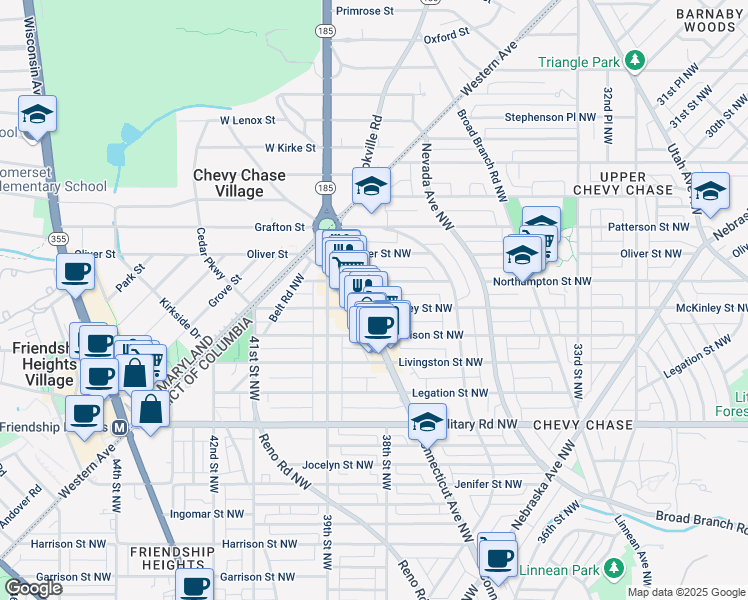 map of restaurants, bars, coffee shops, grocery stores, and more near 5601 Connecticut Avenue Northwest in Washington