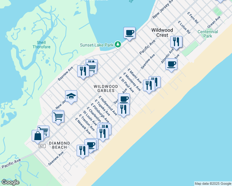 map of restaurants, bars, coffee shops, grocery stores, and more near 220 East Toledo Avenue in Wildwood Crest