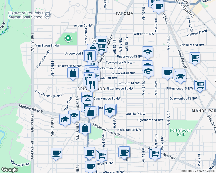 map of restaurants, bars, coffee shops, grocery stores, and more near 831 Rittenhouse Street Northwest in Washington