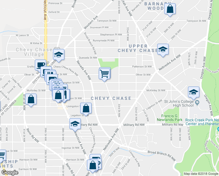 map of restaurants, bars, coffee shops, grocery stores, and more near 5601 Broad Branch Road Northwest in Washington